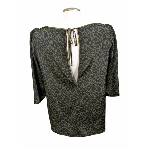 Claudie Pierlot Womens 8 Medium Animal Print Blouse Olive Green Back Keyhole - Picture 4 of 7